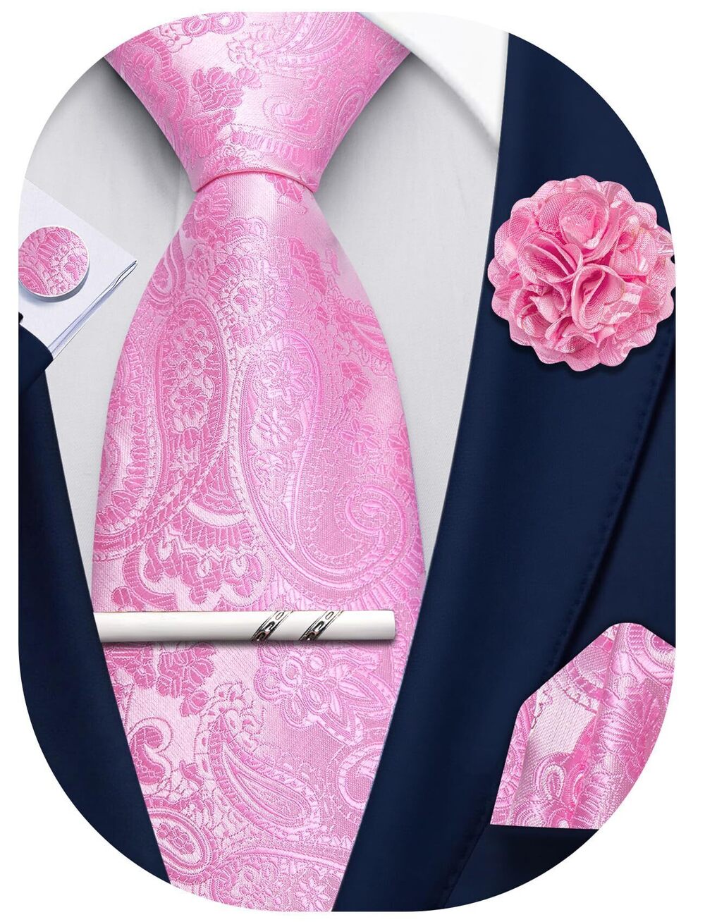 3461 Pink Paisley Ties Silk Woven Necktie Pocket Square Cufflinks Tie Clip